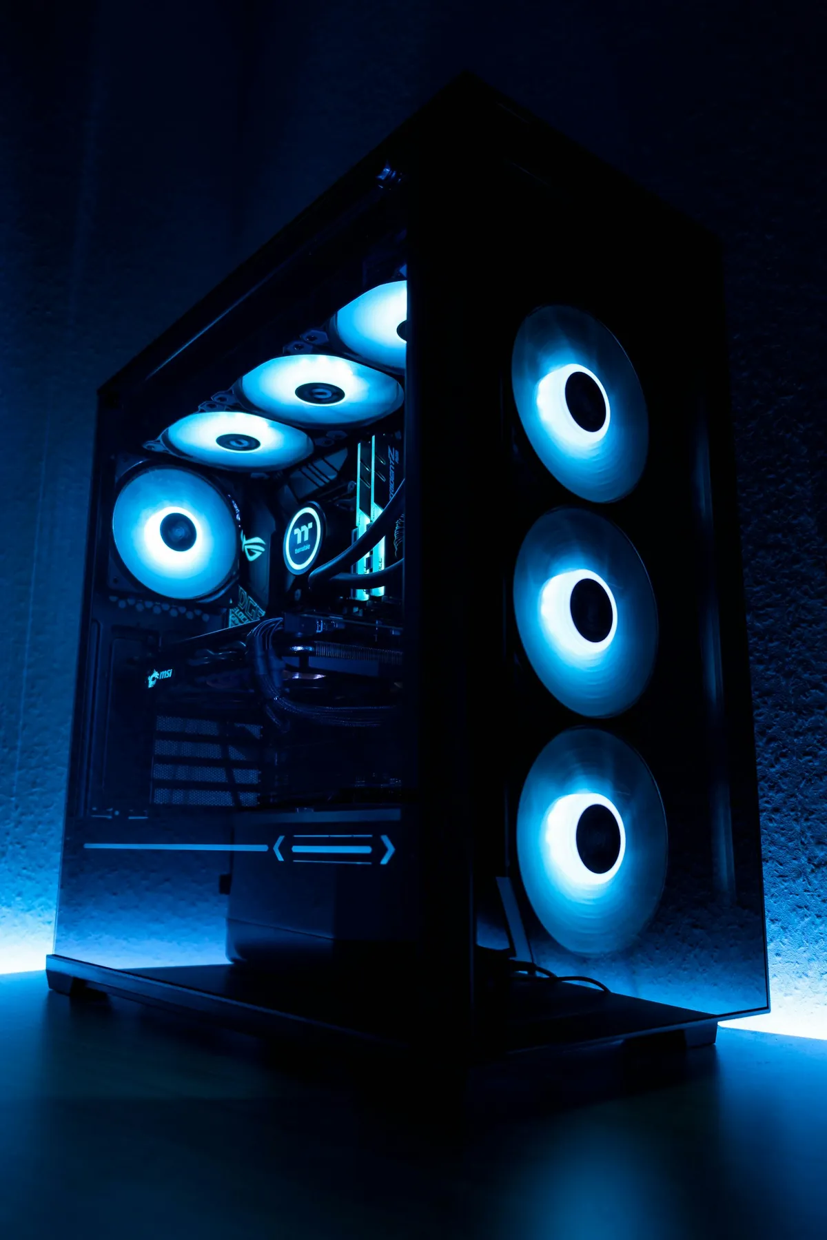 RGB gaming PC internals with blue fans